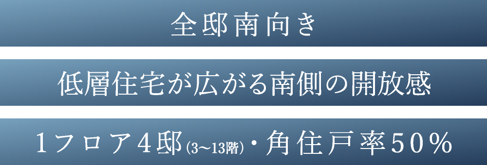 全邸南向き／低層住宅が広がる南側の開放感／1フロア4邸（3〜13階）・角住戸率50